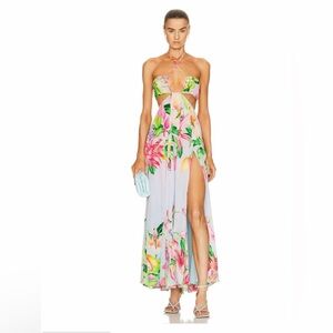 Rococo Sand Pink & Green Floral Cutout Halter Maxi Dress